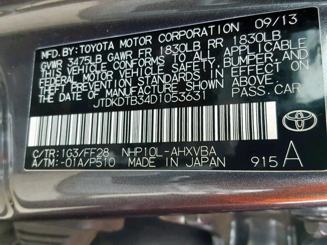 JTDKDTB34D1053631 - 2013 TOYOTA PRIUS C GRAY photo 10