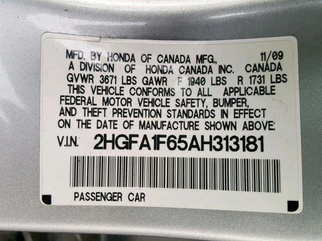 2HGFA1F65AH313181 - 2010 HONDA CIVIC LX-S ვერცხლისფერი ფოტო 10