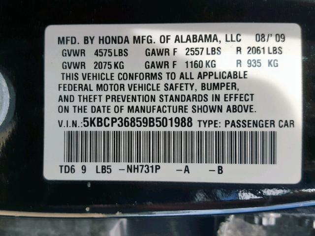 5KBCP36859B501988 - 2009 HONDA ACCORD EXL BLACK photo 10