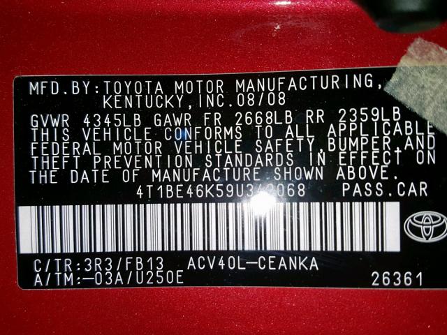 4T1BE46K59U342068 - 2009 TOYOTA CAMRY BASE RED photo 10
