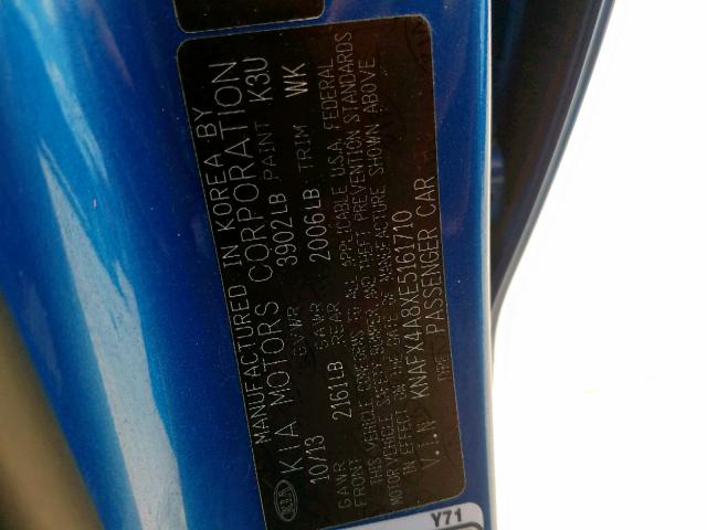 KNAFX4A8XE5161710 - 2014 KIA FORTE EX BLUE photo 10