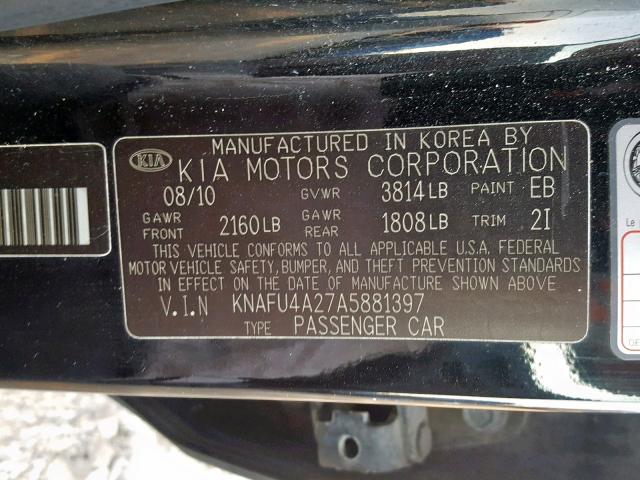 KNAFU4A27A5881397 - 2010 KIA FORTE EX BLACK photo 10