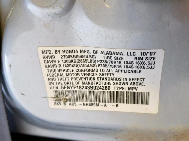 5FNYF18248B024280 - 2008 HONDA PILOT VP SILVER photo 10