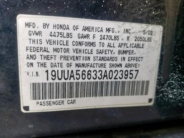 19UUA56633A023957 - 2003 ACURA 3.2TL BLACK photo 10