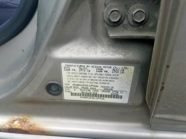 3N1BB51D31L129116 - 2001 NISSAN SENTRA SE GRAY photo 10