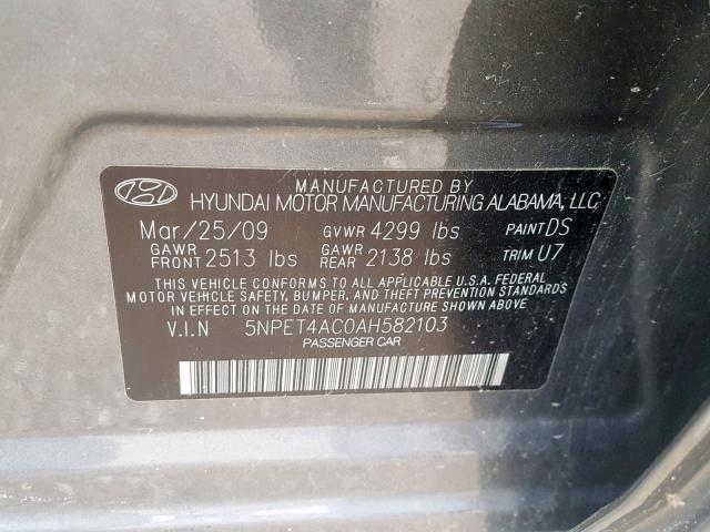 5NPET4AC0AH582103 - 2010 HYUNDAI SONATA GLS GRAY photo 10