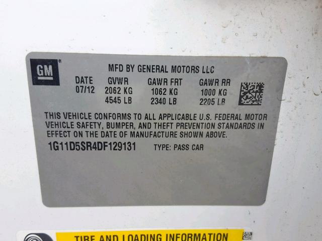 1G11D5SR4DF129131 - 2013 CHEVROLET MALIBU 1LT WHITE photo 10