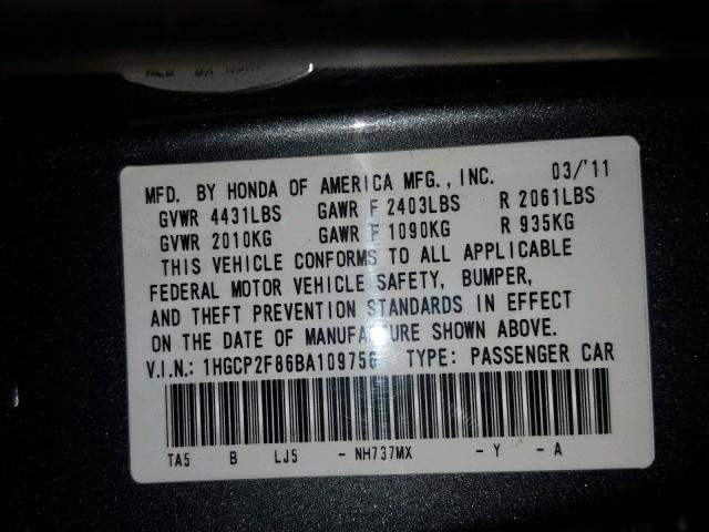 1HGCP2F86BA109756 - 2011 HONDA ACCORD EXL GRAY photo 10