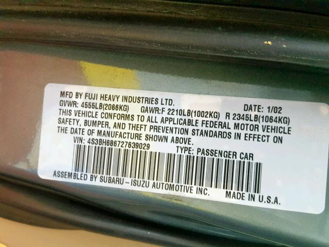 4S3BH686727639029 - 2002 SUBARU LEGACY OUT GREEN photo 10