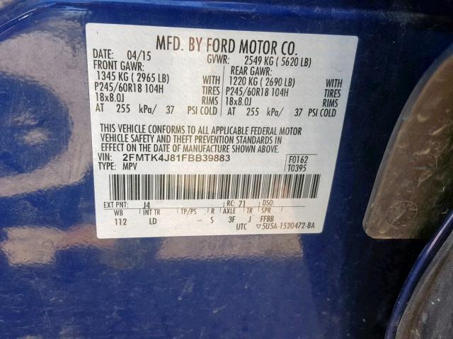 2FMTK4J81FBB39883 - 2015 FORD EDGE SEL BLUE photo 10