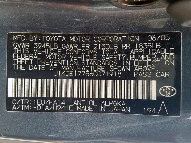 JTKDE177560071918 - 2006 TOYOTA SCION TC ნაცრისფერი ფოტო 10