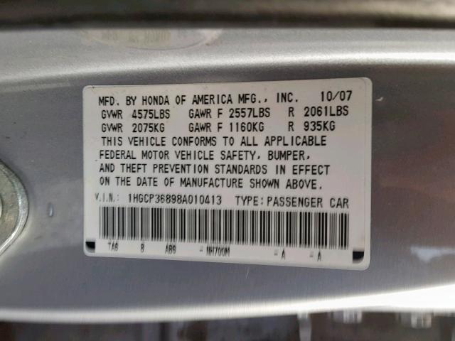 1HGCP36898A010413 - 2008 HONDA ACCORD EXL BURN photo 10