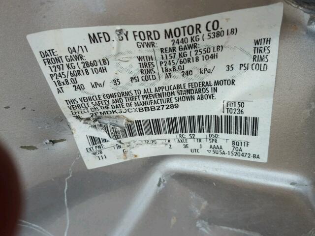 2FMDK3JCXBBB27289 - 2011 FORD EDGE SEL SILVER photo 10