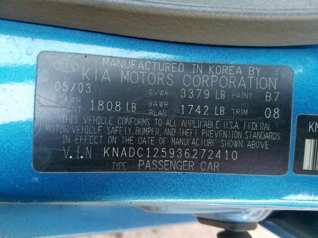 KNADC125936272410 - 2003 KIA RIO BLUE photo 10