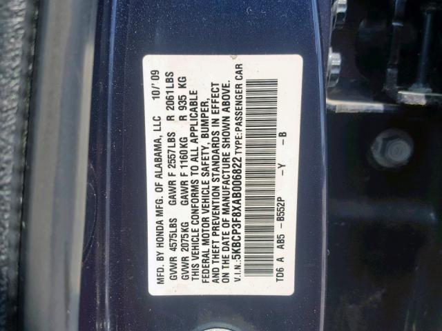 5KBCP3F8XAB006822 - 2010 HONDA ACCORD EXL BLUE photo 10