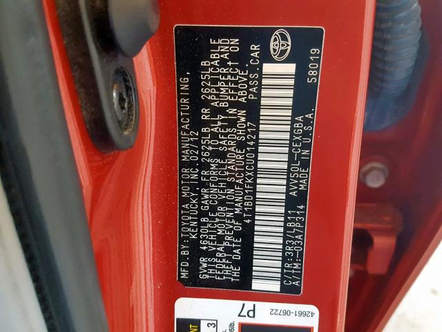 4T1BD1FKXCU014217 - 2012 TOYOTA CAMRY HYBR RED photo 10