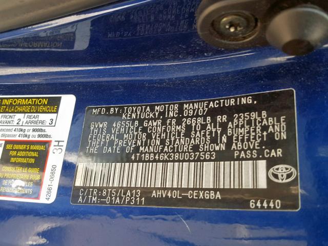 4T1BB46K38U037563 - 2008 TOYOTA CAMRY HYBR BLUE photo 10