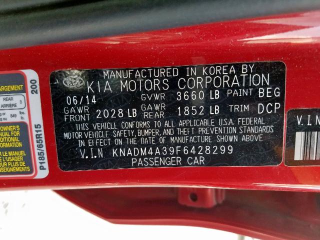 KNADM4A39F6428299 - 2015 KIA RIO LX RED photo 10