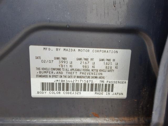 JM1BK344271715870 - 2007 MAZDA 3 HATCHBAC GRAY photo 10