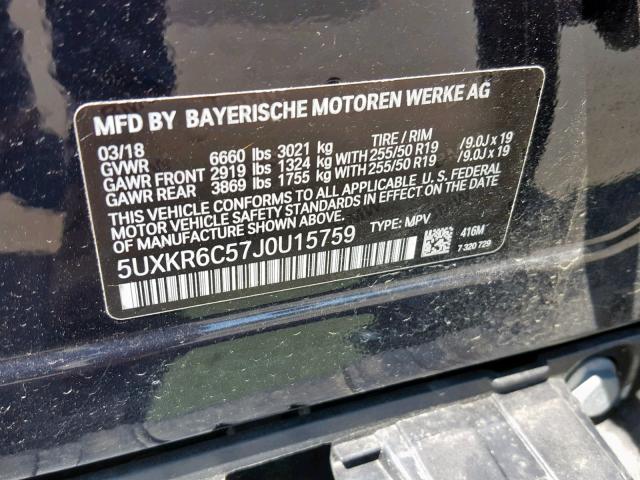 5UXKR6C57J0U15759 - 2018 BMW X5 XDRIVE5 BLACK photo 10