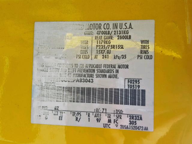 1FTYR10U82PA83043 - 2002 FORD RANGER YELLOW photo 10