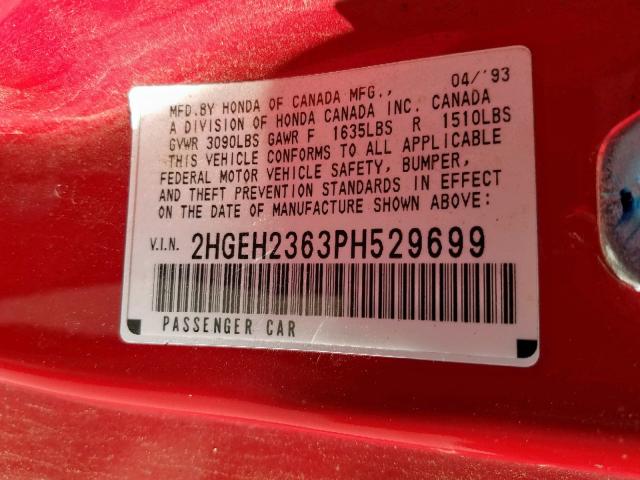 2HGEH2363PH529699 - 1993 HONDA CIVIC DX RED photo 10