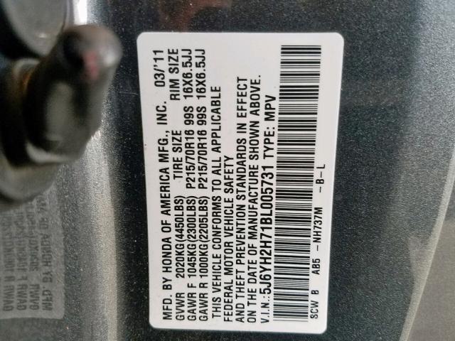 5J6YH2H71BL005731 - 2011 HONDA ELEMENT EX GRAY photo 10