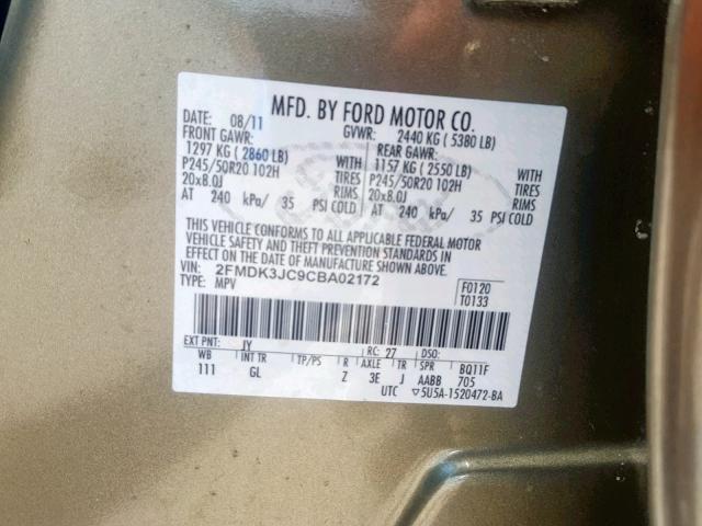 2FMDK3JC9CBA02172 - 2012 FORD EDGE SEL GOLD photo 10