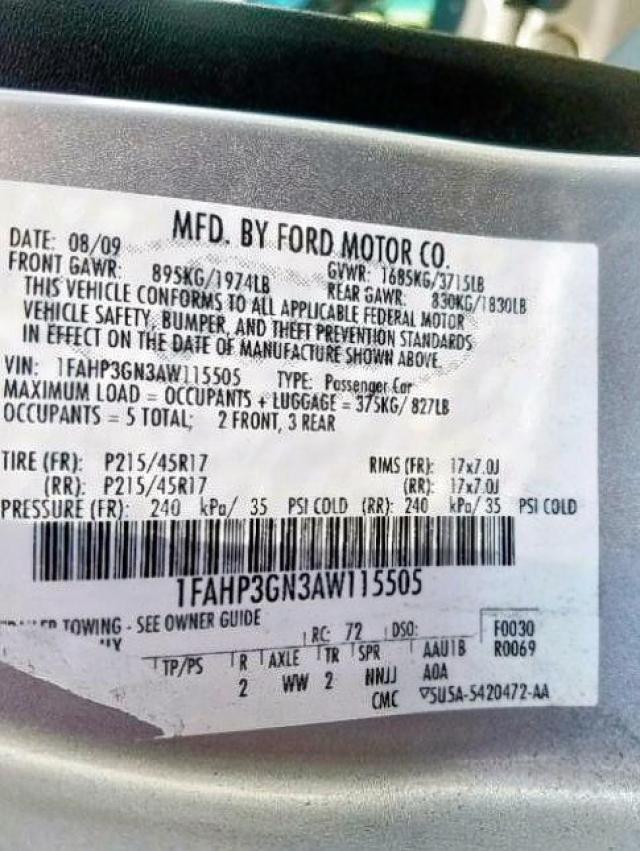 1FAHP3GN3AW115505 - 2010 FORD FOCUS SES GRAY photo 10