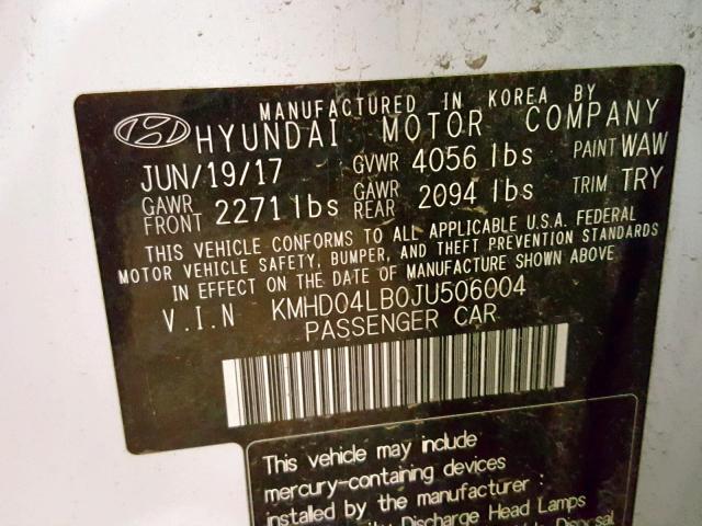 KMHD04LB0JU506004 - 2018 HYUNDAI ELANTRA SP WHITE photo 10