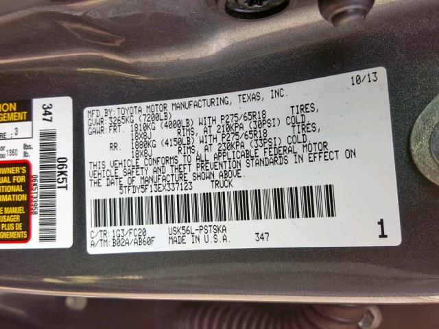 5TFDY5F13EX337123 - 2014 TOYOTA TUNDRA CRE GRAY photo 10