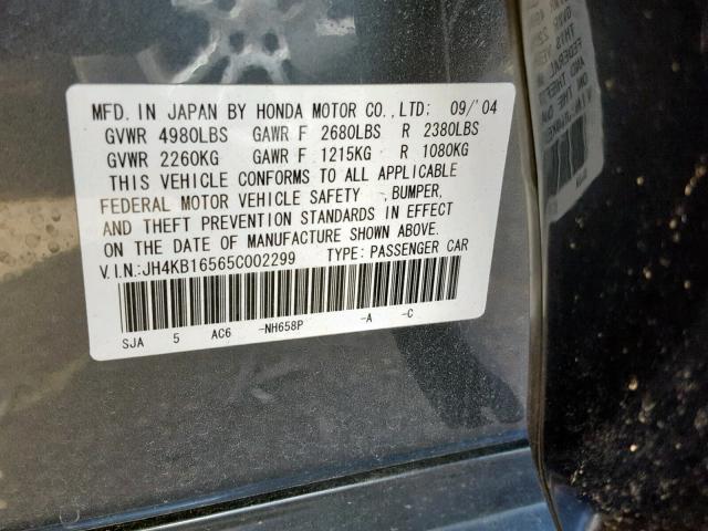 JH4KB16565C002299 - 2005 ACURA RL GRAY photo 10