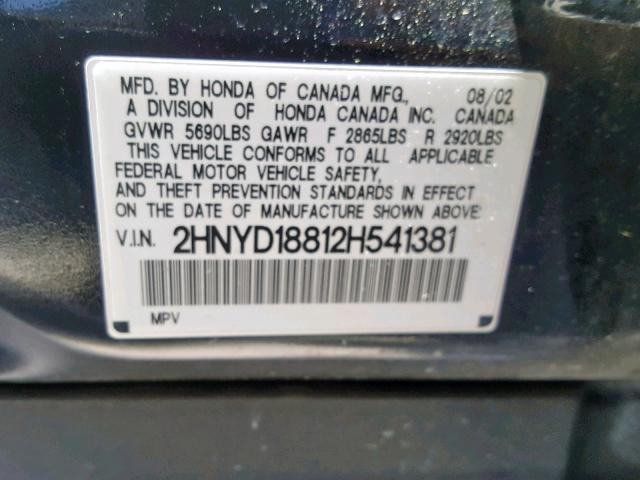 2HNYD18812H541381 - 2002 ACURA MDX TOURIN BLUE photo 10