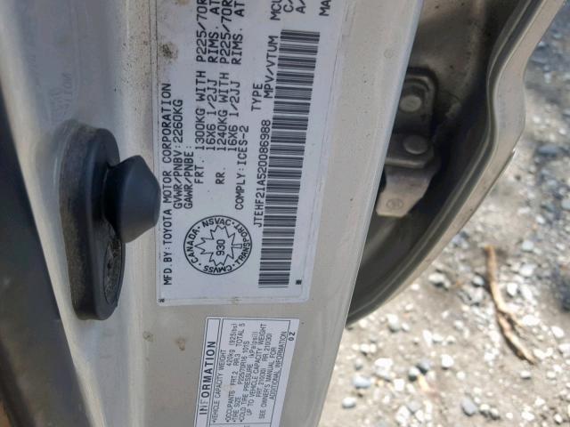 JTEHF21A520086988 - 2002 TOYOTA HIGHLANDER GOLD photo 10