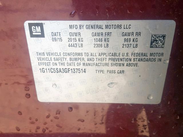 1G11C5SA3GF137514 - 2016 CHEVROLET MALIBU LIM 红色 照片 10