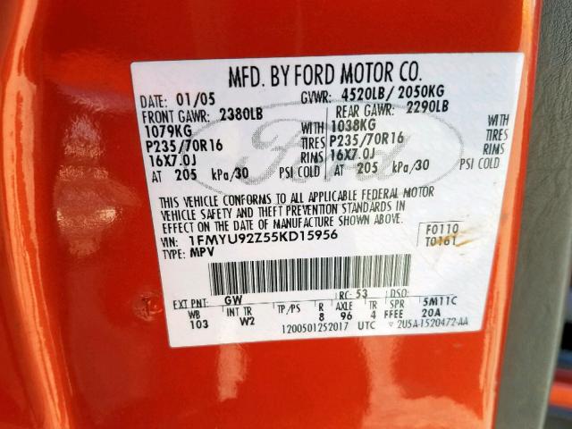 1FMYU92Z55KD15956 - 2005 FORD ESCAPE XLS ORANGE photo 10