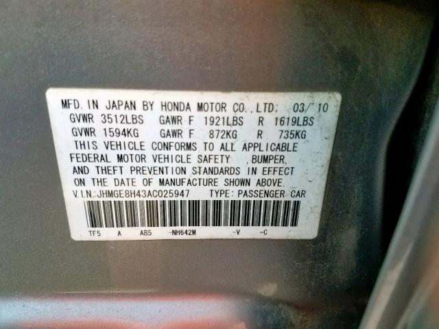 JHMGE8H43AC025947 - 2010 HONDA FIT SPORT GRAY photo 10