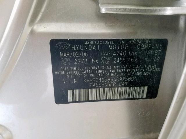 KMHFC46F86A092560 - 2006 HYUNDAI AZERA SE GOLD photo 10