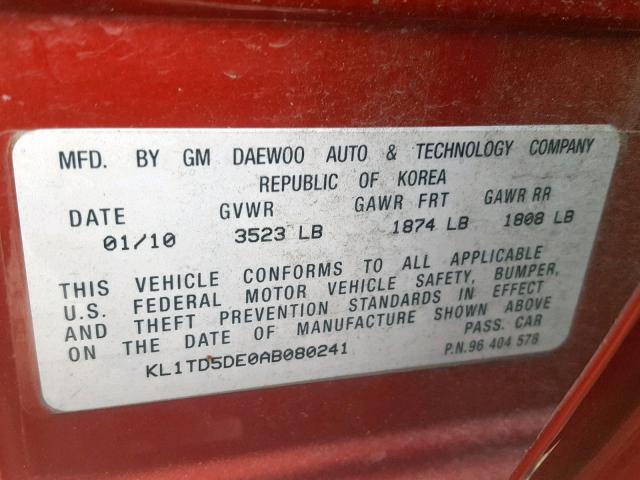 KL1TD5DE0AB080241 - 2010 CHEVROLET AVEO LS RED photo 10