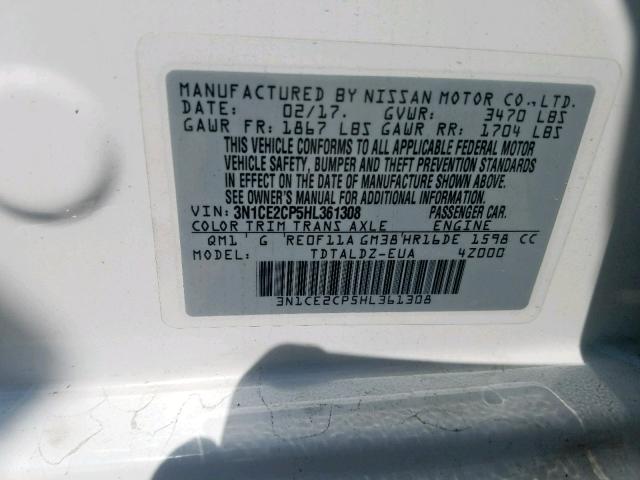 3N1CE2CP5HL361308 - 2017 NISSAN VERSA NOTE WHITE photo 10