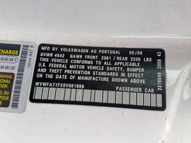 WVWFA71FX9V001966 - 2009 VOLKSWAGEN EOS LUX 白色 照片 10