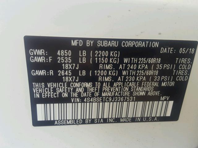 4S4BSETC9J3367531 - 2018 SUBARU OUTBACK TO WHITE photo 10