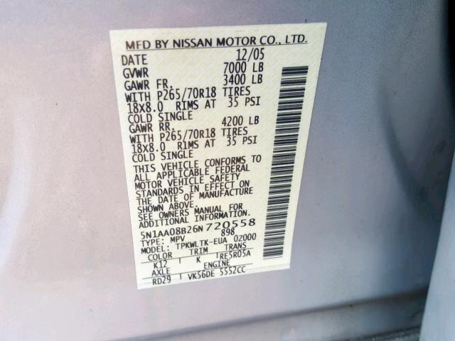 5N1AA08B26N720558 - 2006 NISSAN ARMADA SE SILVER photo 10