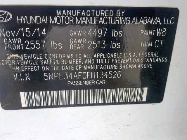 5NPE34AF0FH134526 - 2015 HYUNDAI SONATA SPO WHITE photo 10