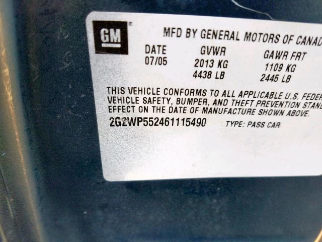 2G2WP552461115490 - 2006 PONTIAC GRAND PRIX GREEN photo 10