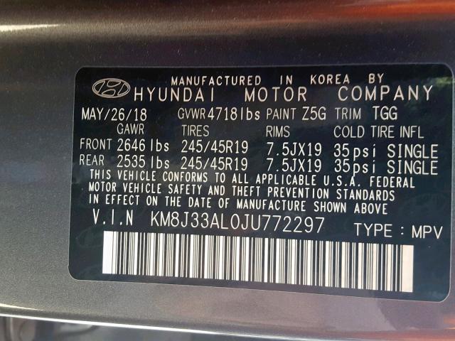 KM8J33AL0JU772297 - 2018 HYUNDAI TUCSON SPO GRAY photo 10