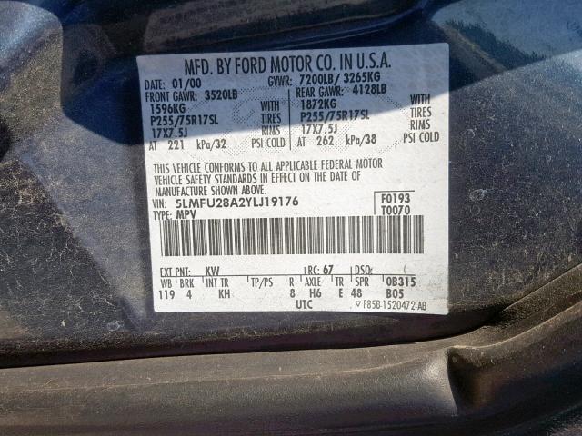 5LMFU28A2YLJ19176 - 2000 LINCOLN NAVIGATOR BLUE photo 10