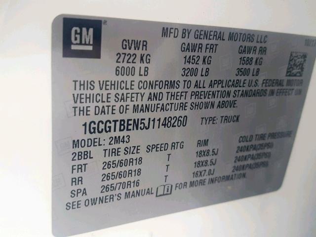 1GCGTBEN5J1148260 - 2018 CHEVROLET COLORADO WHITE photo 10