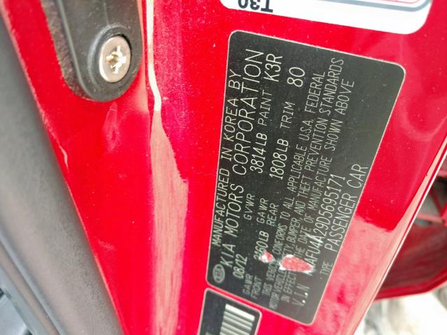 KNAFU4A29D5695171 - 2013 KIA FORTE EX RED photo 10