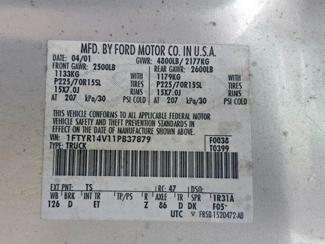 1FTYR14V11PB37879 - 2001 FORD RANGER SUP SILVER photo 10